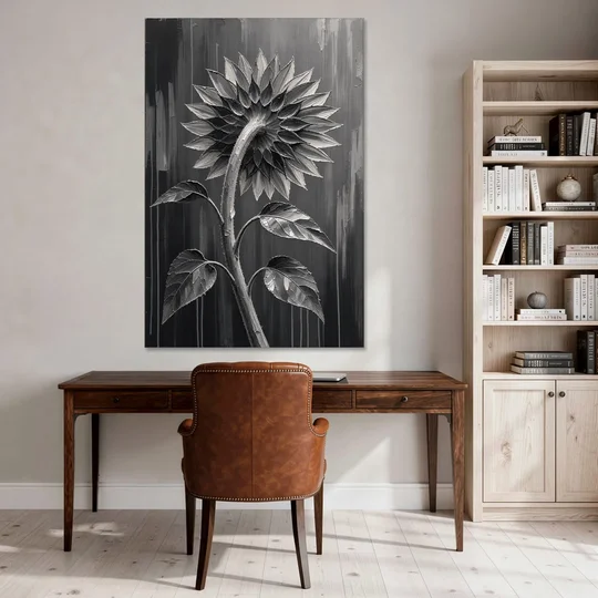 Sunflower From Behind in Silver Impasto - Canvas Wall Art - Office - 40x60
