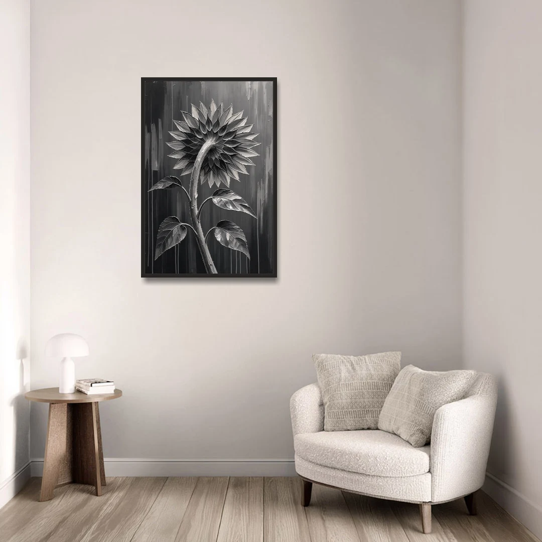 Sunflower From Behind in Silver Impasto - Black Framed Canvas Wall Art - Sofa - 24x36