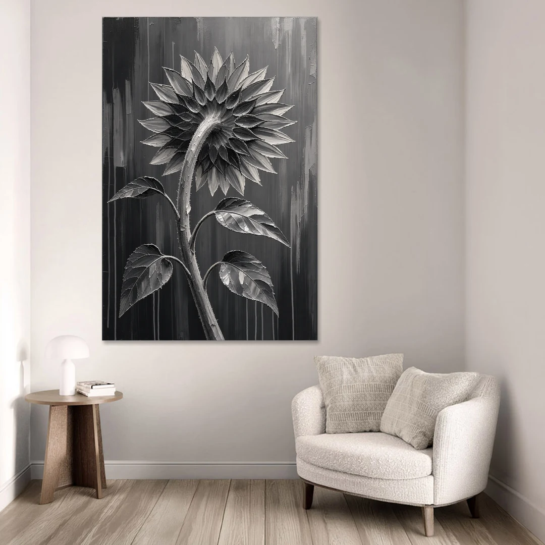 Sunflower From Behind in Silver Impasto - Canvas Wall Art - Sofa - 40x60