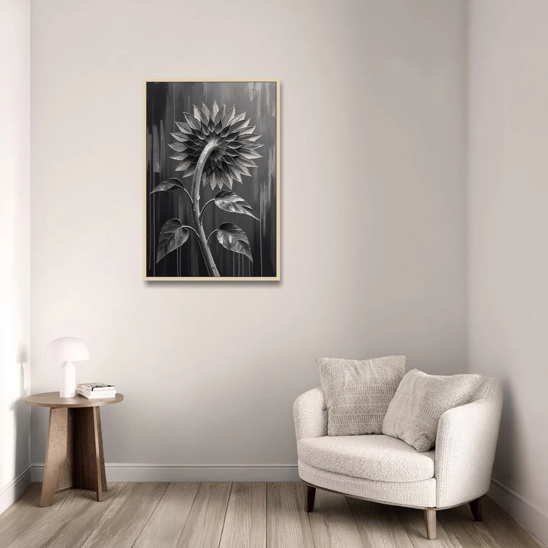 Sunflower From Behind in Silver Impasto - Oak Framed Canvas Wall Art - Sofa - 24x36