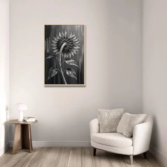 Sunflower From Behind in Silver Impasto - Oak Framed Canvas Wall Art - Sofa - 24x36