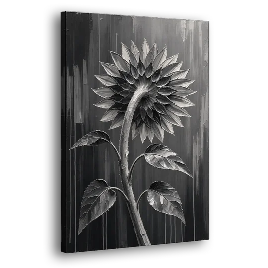 Sunflower From Behind in Silver Impasto - Canvas Wall Art - Side