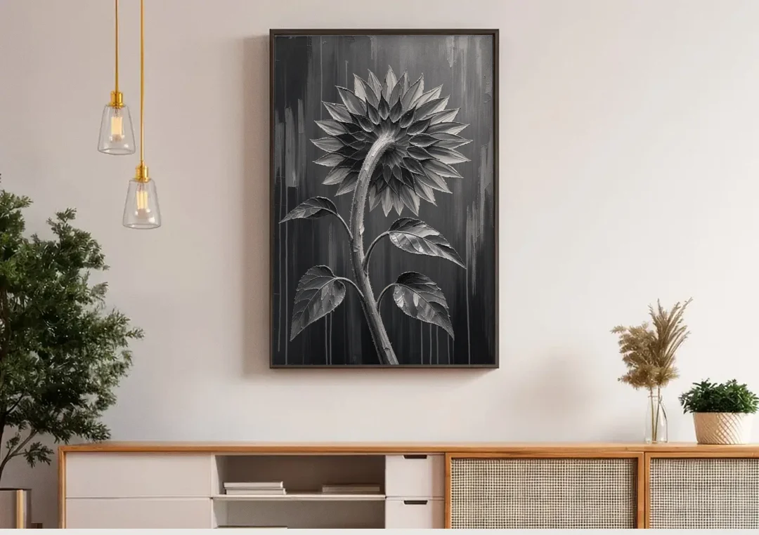 Sunflower From Behind in Silver Impasto canvas wall art above a wooden sideboard under pendant lights