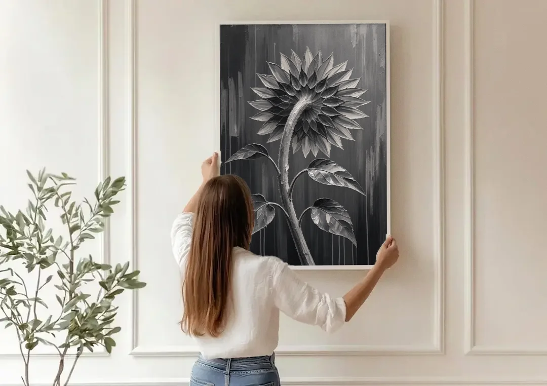 Sunflower From Behind in Silver Impasto canvas wall art being hung on a paneled wall
