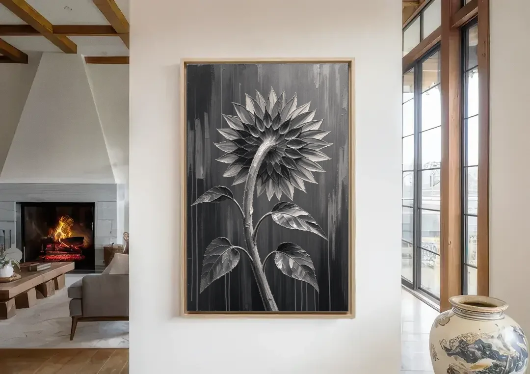 Sunflower From Behind in Silver Impasto canvas wall art in a living room with a fireplace