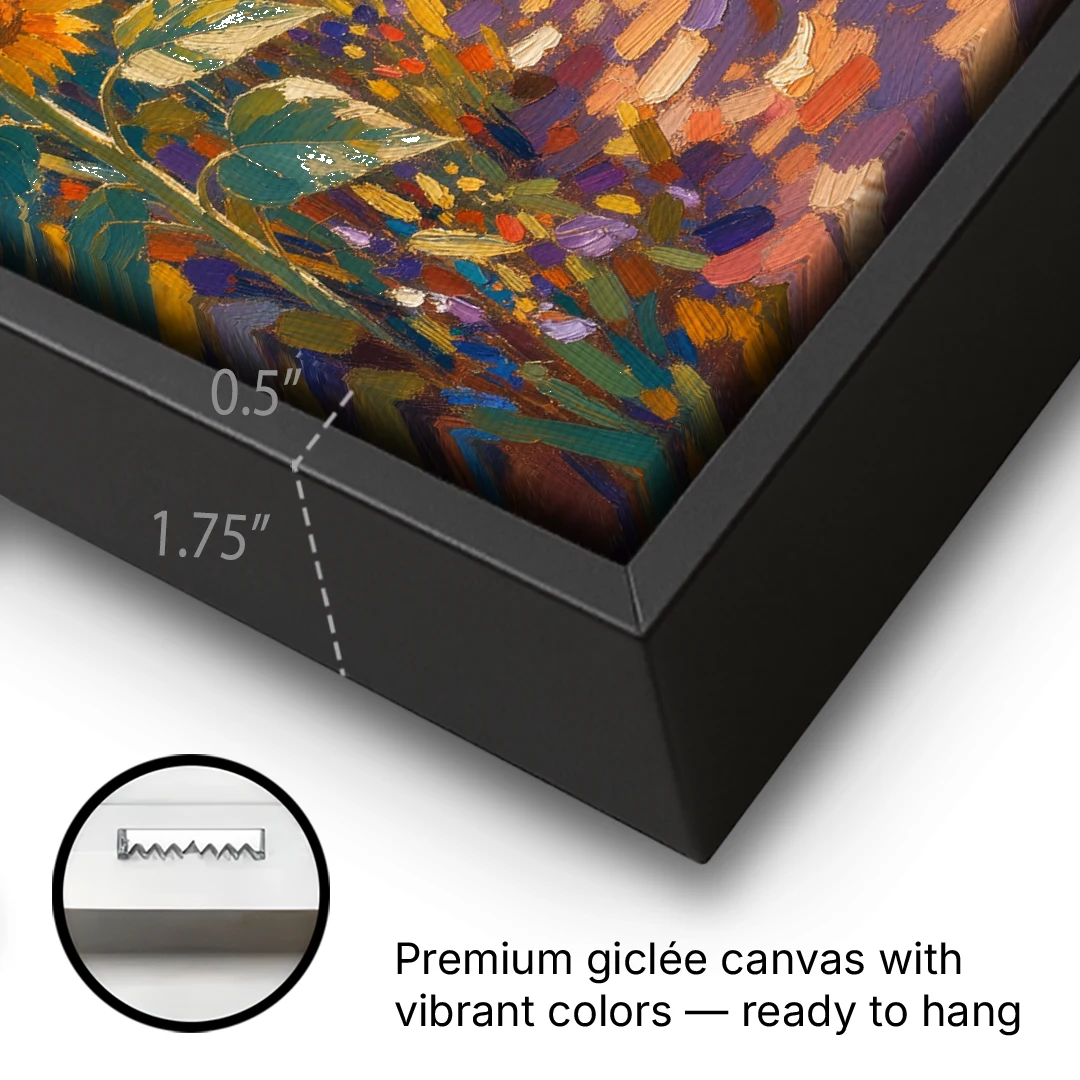 Sunflower Impressionist Painting of the Violet Path - Black Framed Canvas Wall Art - Gallery Wrap Corner