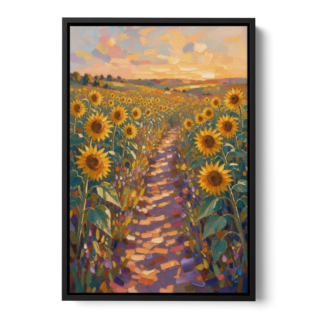 Sunflower Impressionist Painting of the Violet Path - Black Framed Canvas Wall Art - Front