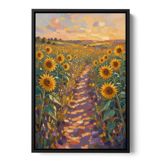 Sunflower Impressionist Painting of the Violet Path - Black Framed Canvas Wall Art - Front