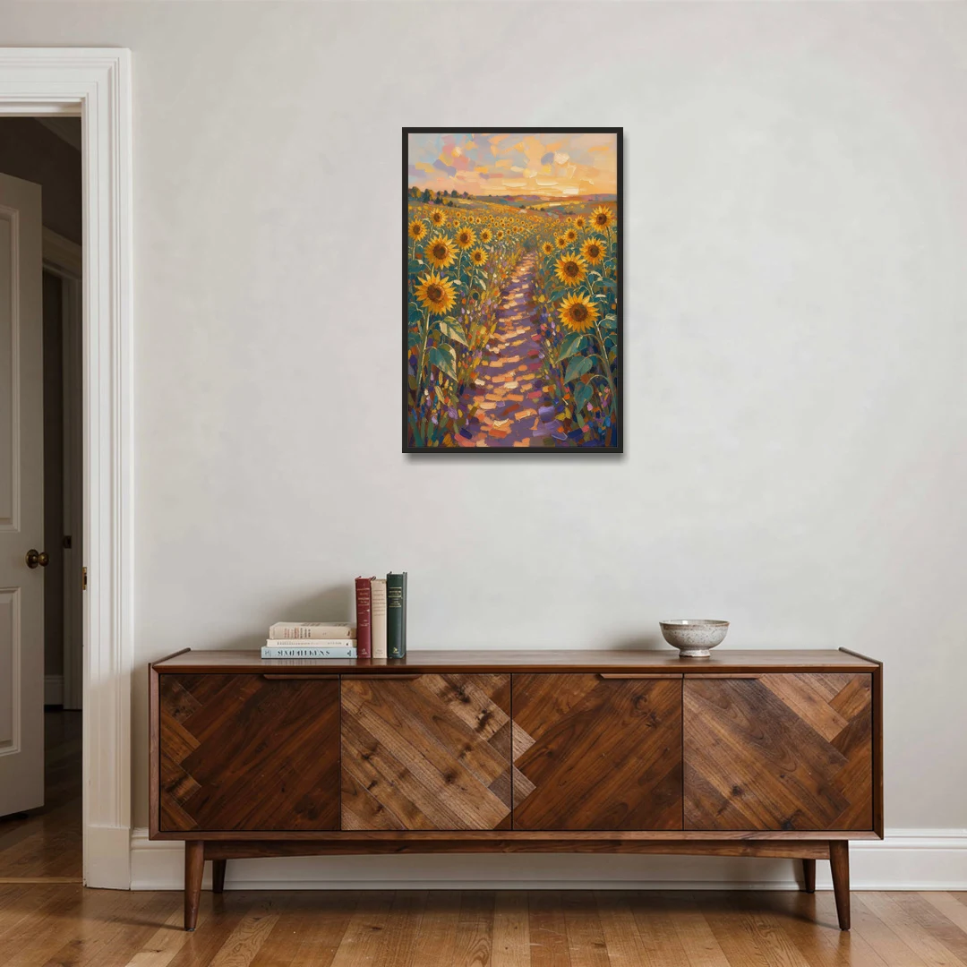 Sunflower Impressionist Painting of the Violet Path - Black Framed Canvas Wall Art - Coffee Table - 24x36
