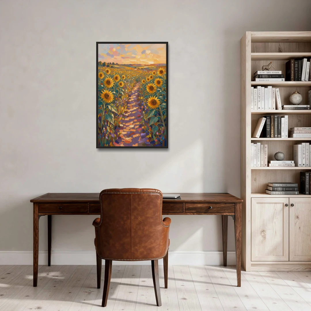 Sunflower Impressionist Painting of the Violet Path - Black Framed Canvas Wall Art - Office - 24x36