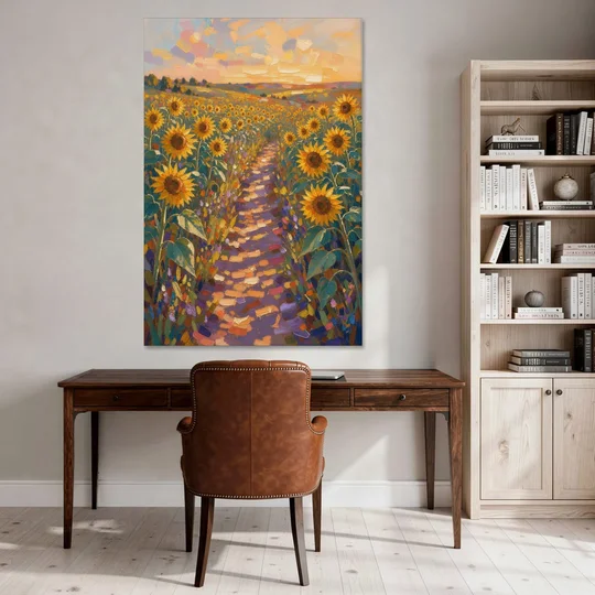 Sunflower Impressionist Painting of the Violet Path - Canvas Wall Art - Office - 40x60