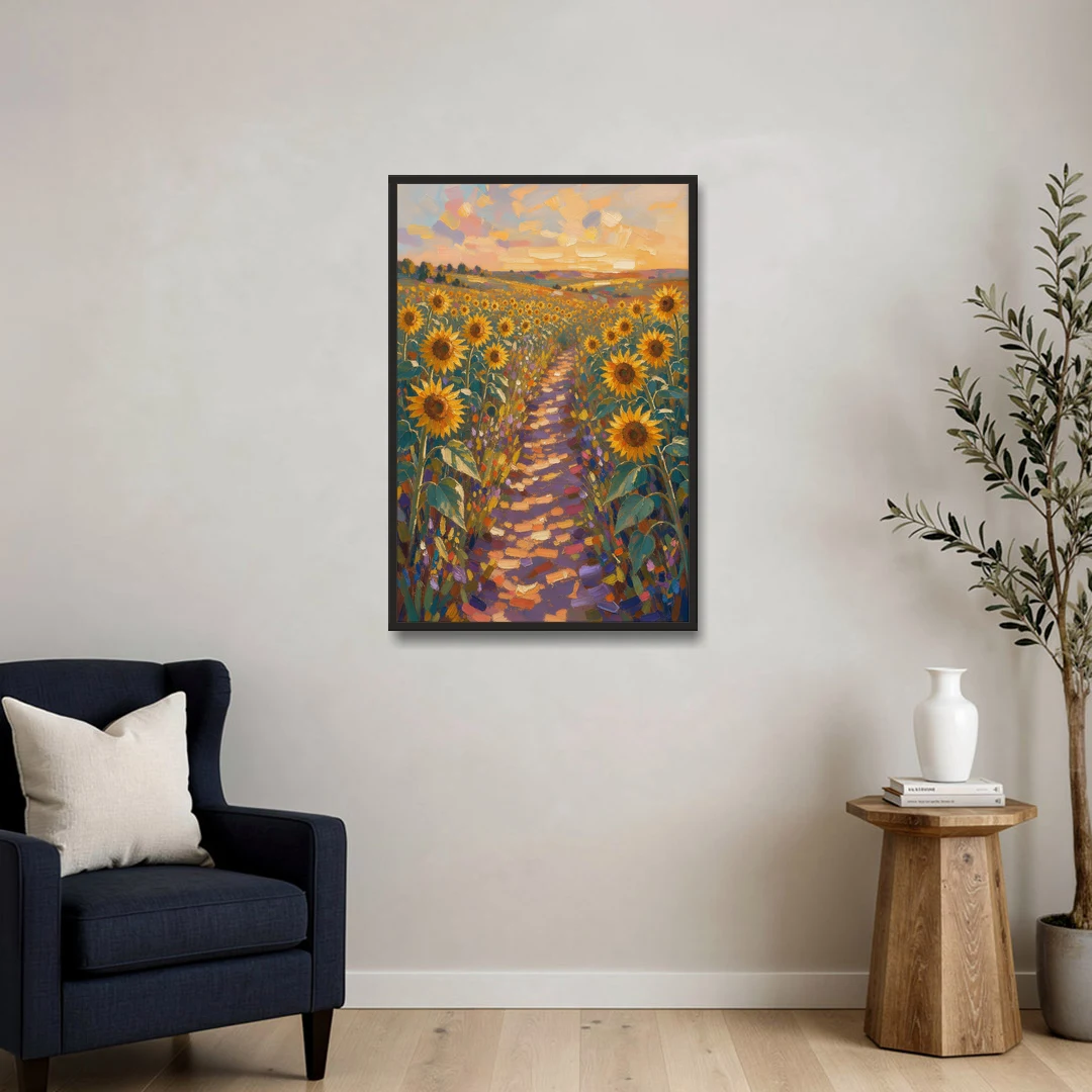 Sunflower Impressionist Painting of the Violet Path - Black Framed Canvas Wall Art - Sofa - 24x36