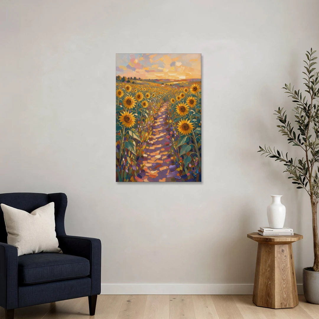 Sunflower Impressionist Painting of the Violet Path - Canvas Wall Art - Sofa - 24x36
