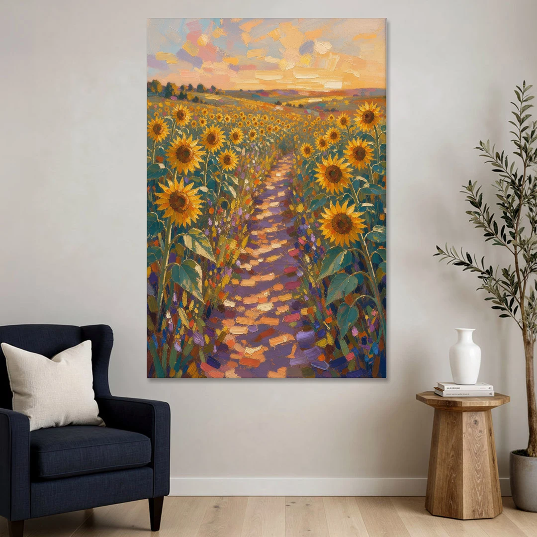 Sunflower Impressionist Painting of the Violet Path - Canvas Wall Art - Sofa - 40x60