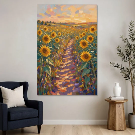 Sunflower Impressionist Painting of the Violet Path - Canvas Wall Art - Sofa - 40x60