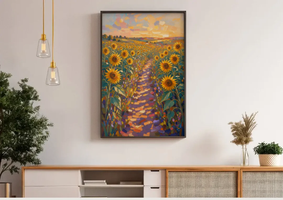 Sunflower Impressionist Painting of the Violet Path canvas wall art above a wooden sideboard under pendant lights