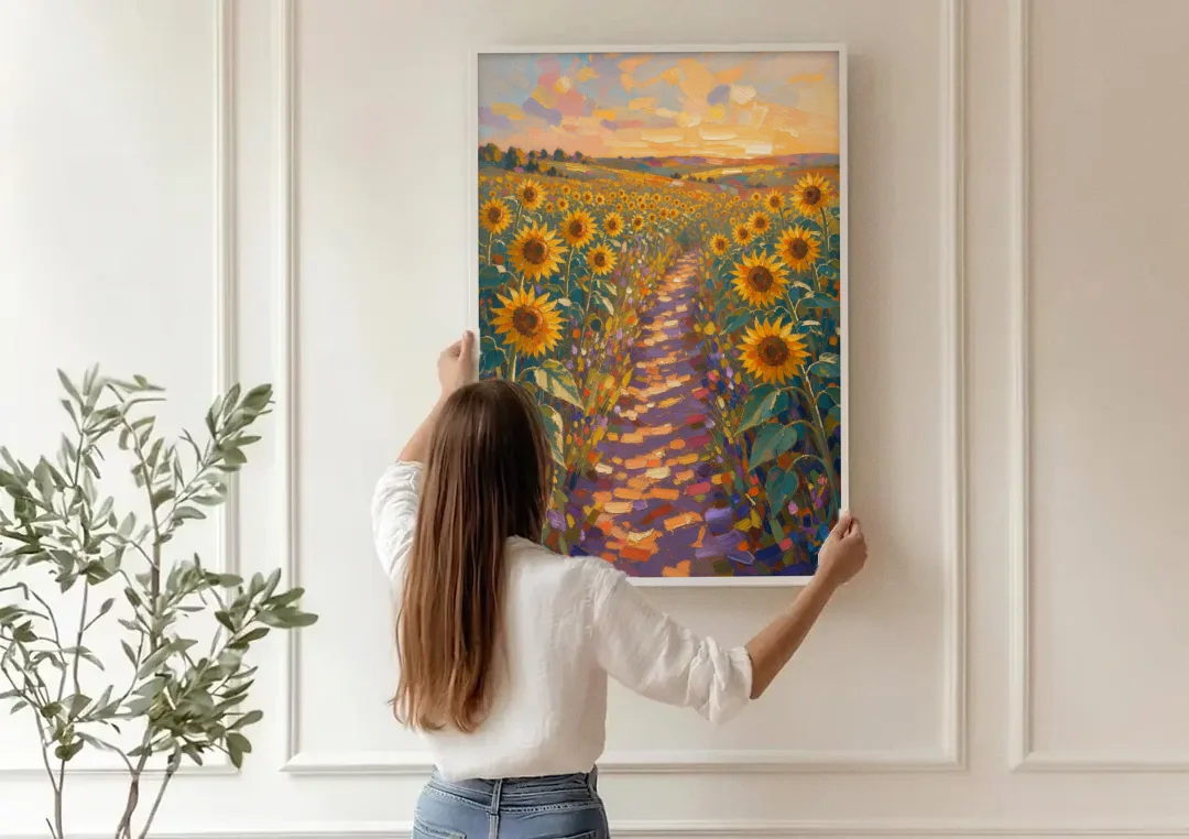 Sunflower Impressionist Painting of the Violet Path canvas wall art being hung on a paneled wall