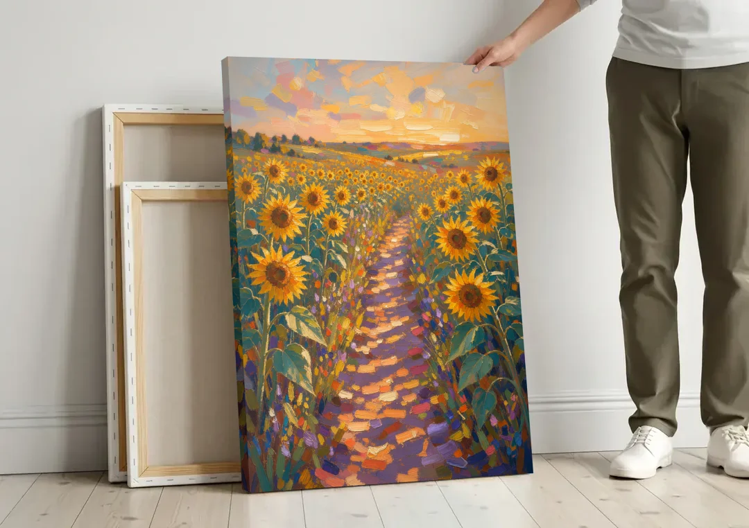 Sunflower Impressionist Painting of the Violet Path canvas wall art leaning against a wall next to blank canvases