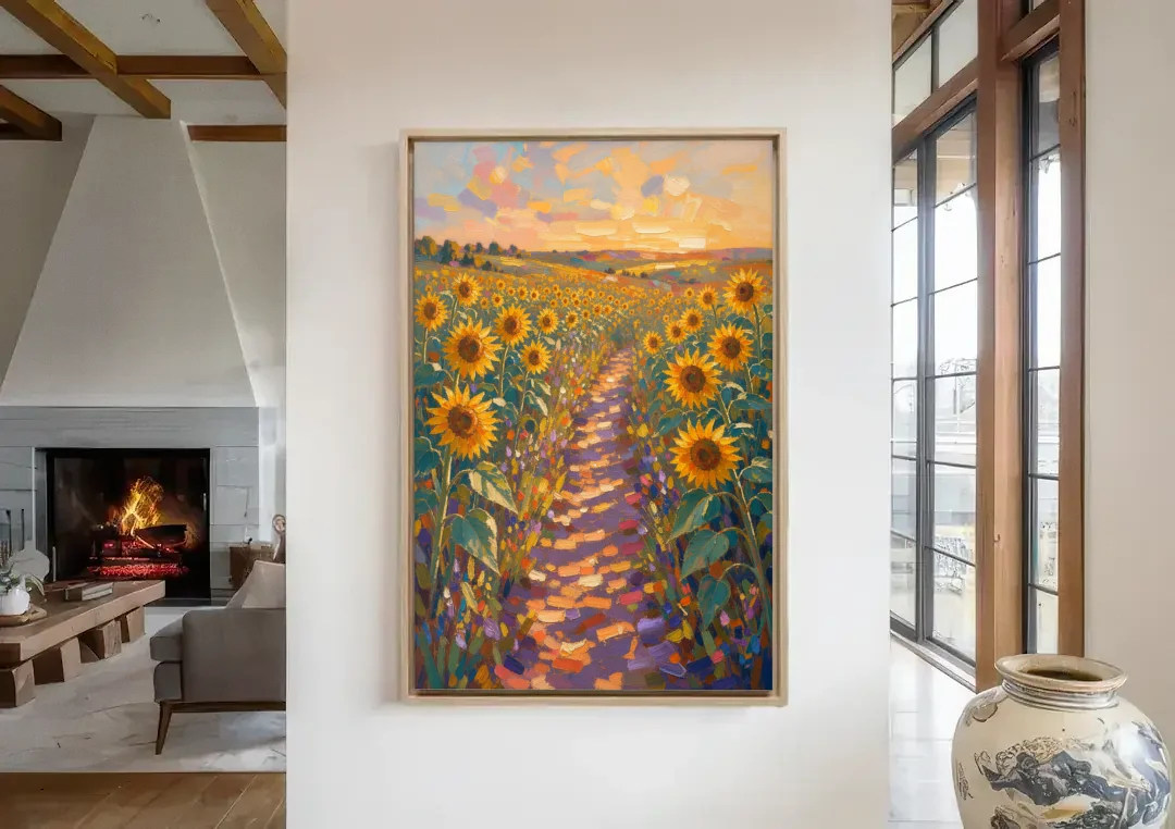 Sunflower Impressionist Painting of the Violet Path canvas wall art in a living room with a fireplace