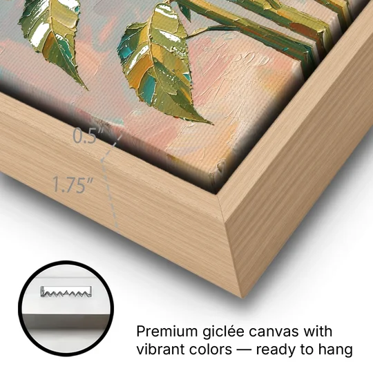 Sunflower Oil Painting Against a Violet Sky - Oak Framed Canvas Wall Art - Gallery Wrap Corner