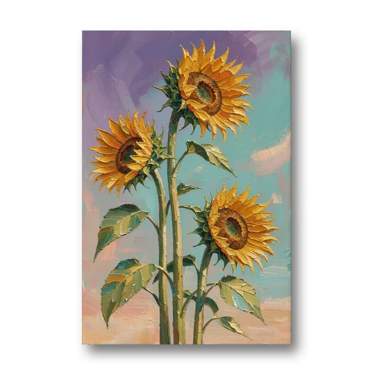 Sunflower Oil Painting Against a Violet Sky - Canvas Wall Art - Front