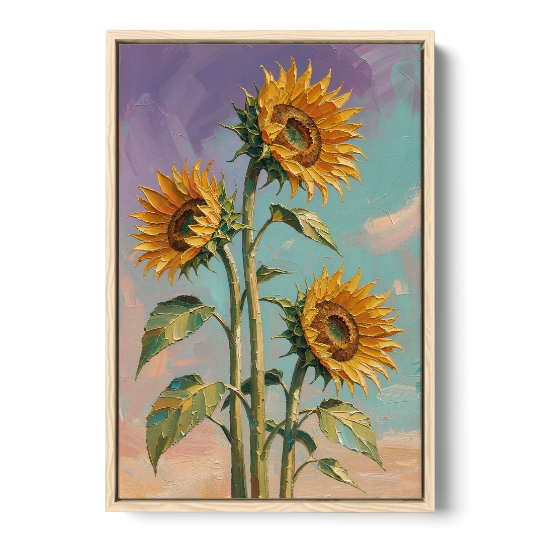 Sunflower Oil Painting Against a Violet Sky - Oak Framed Canvas Wall Art - Front