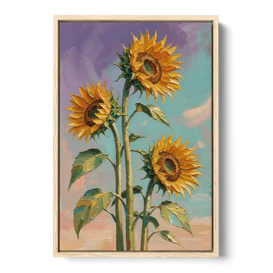 Sunflower Oil Painting Against a Violet Sky - Oak Framed Canvas Wall Art - Front