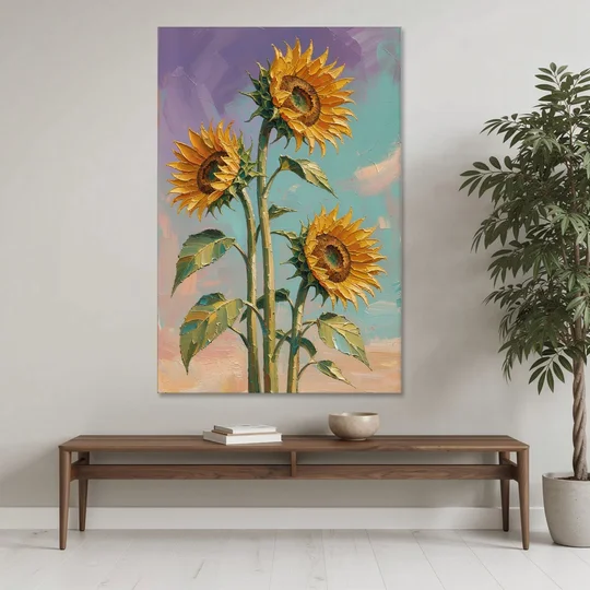 Sunflower Oil Painting Against a Violet Sky - Canvas Wall Art - Coffee Table - 40x60
