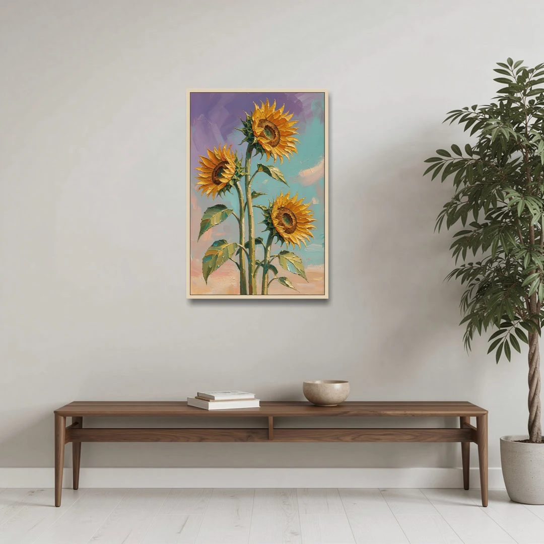 Sunflower Oil Painting Against a Violet Sky - Oak Framed Canvas Wall Art - Coffee Table - 24x36