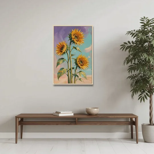 Sunflower Oil Painting Against a Violet Sky - Oak Framed Canvas Wall Art - Coffee Table - 24x36