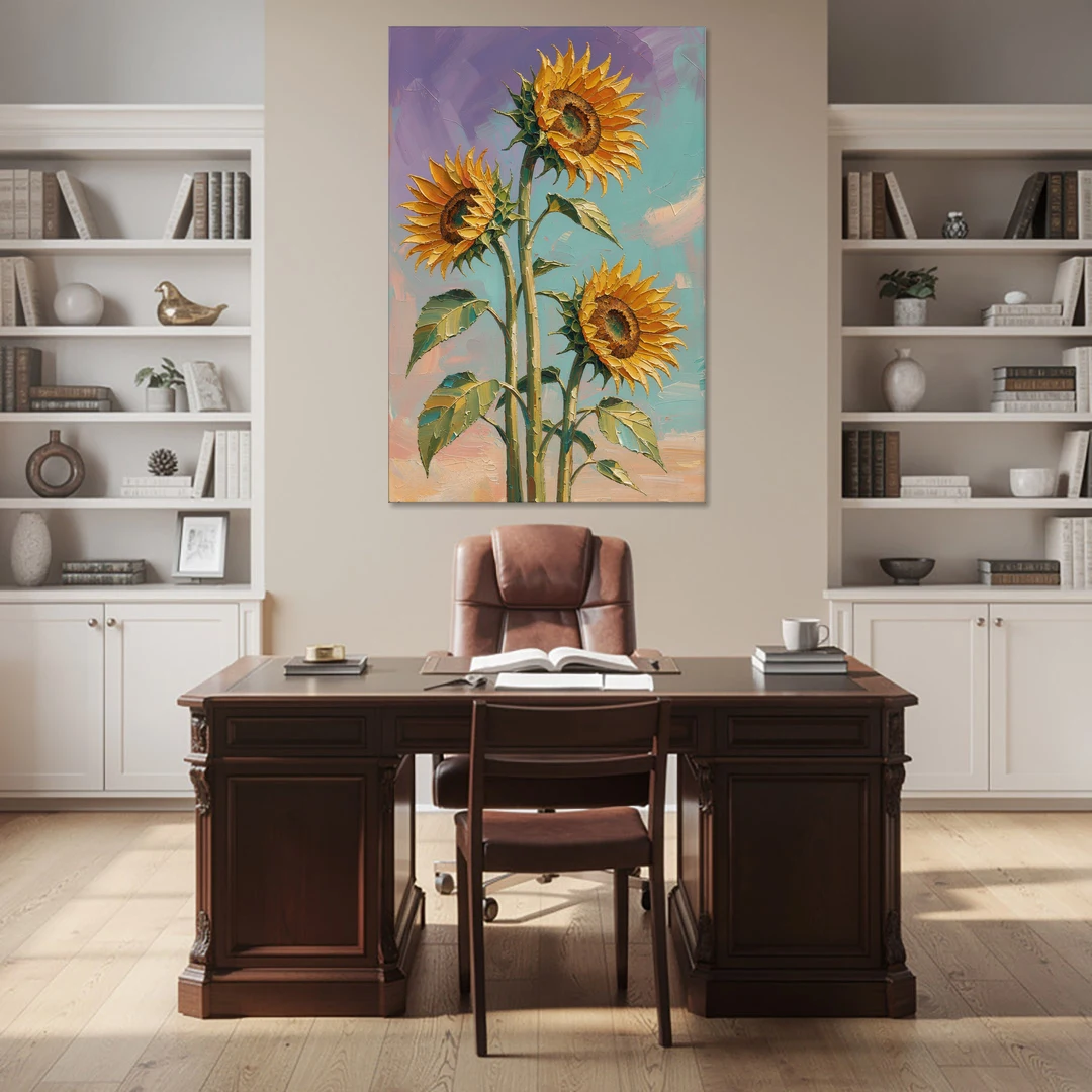 Sunflower Oil Painting Against a Violet Sky - Canvas Wall Art - Office - 40x60