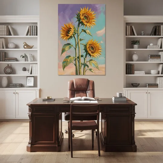 Sunflower Oil Painting Against a Violet Sky - Canvas Wall Art - Office - 40x60