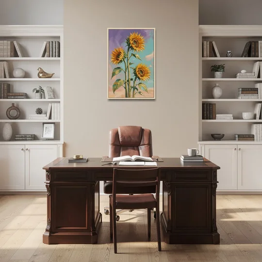 Sunflower Oil Painting Against a Violet Sky - Oak Framed Canvas Wall Art - Office - 24x36