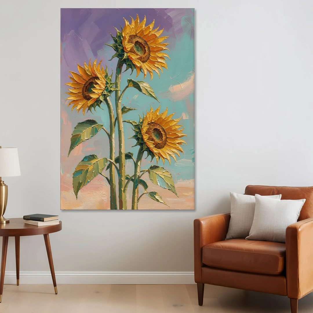 Sunflower Oil Painting Against a Violet Sky - Canvas Wall Art - Sofa - 40x60