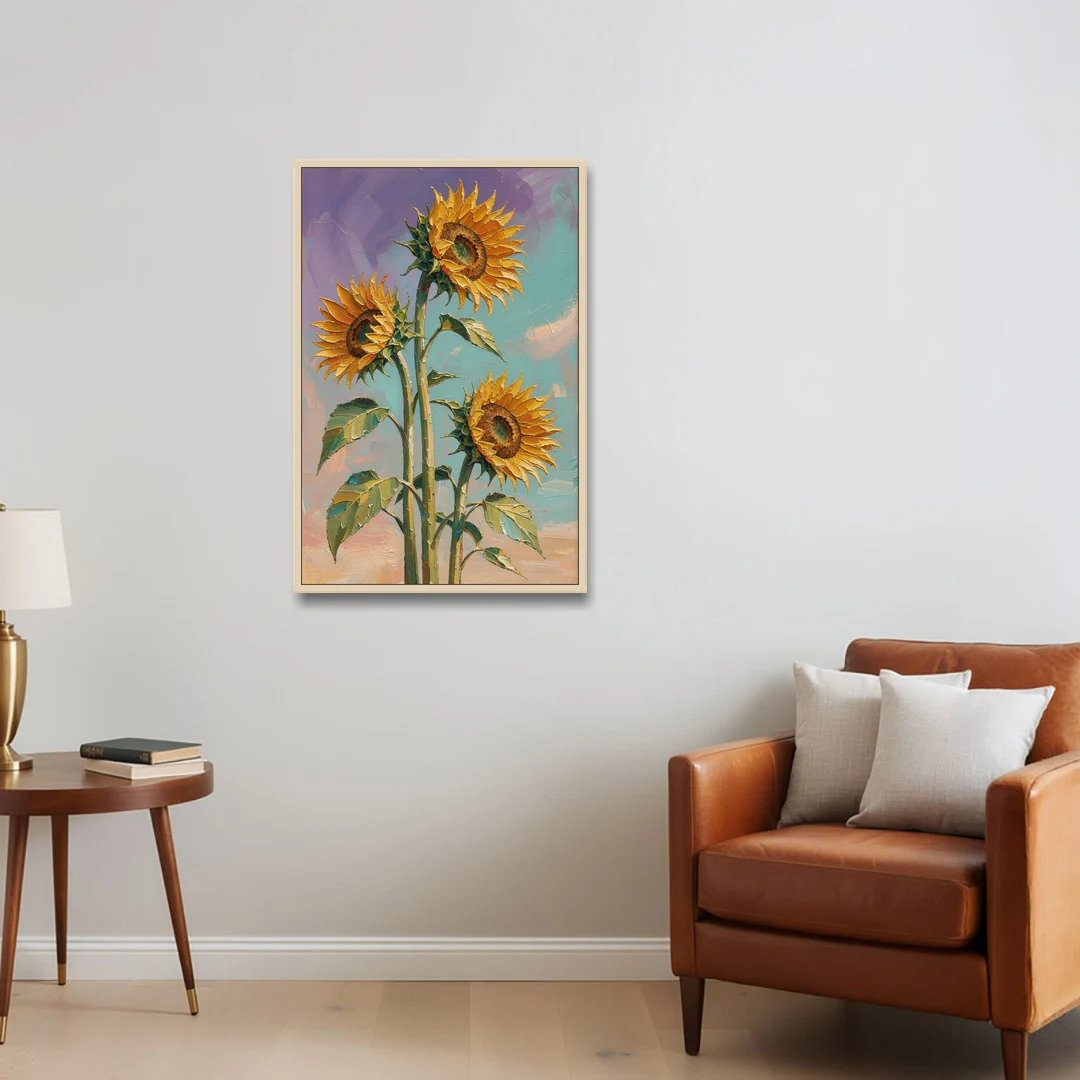 Sunflower Oil Painting Against a Violet Sky - Oak Framed Canvas Wall Art - Sofa - 24x36