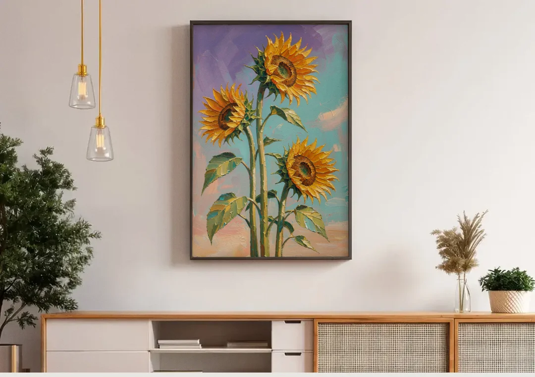 Sunflower Oil Painting Against a Violet Sky canvas wall art above a wooden sideboard under pendant lights