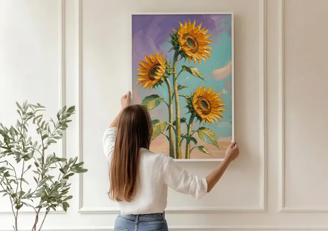 Sunflower Oil Painting Against a Violet Sky canvas wall art being hung on a paneled wall