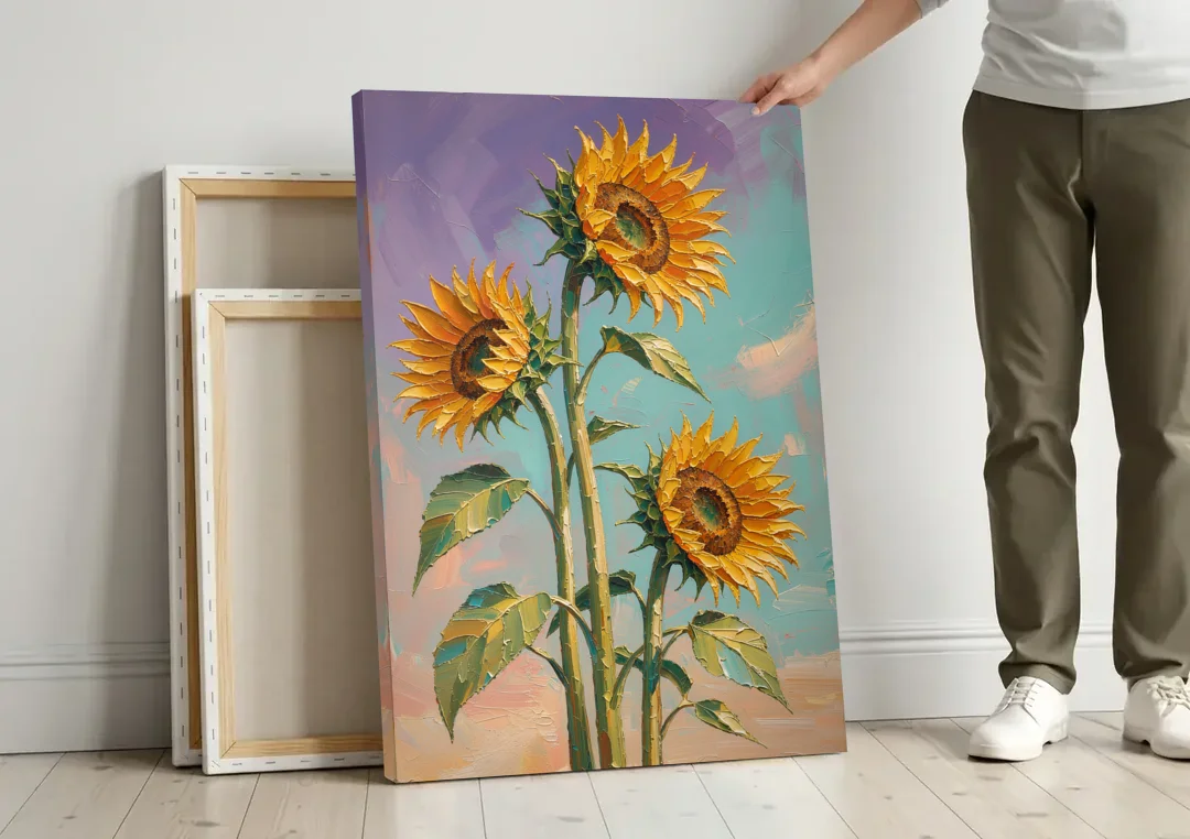 Sunflower Oil Painting Against a Violet Sky canvas wall art leaning against a wall next to blank canvases