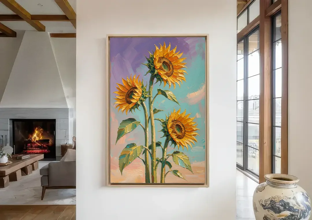 Sunflower Oil Painting Against a Violet Sky canvas wall art in a living room with a fireplace