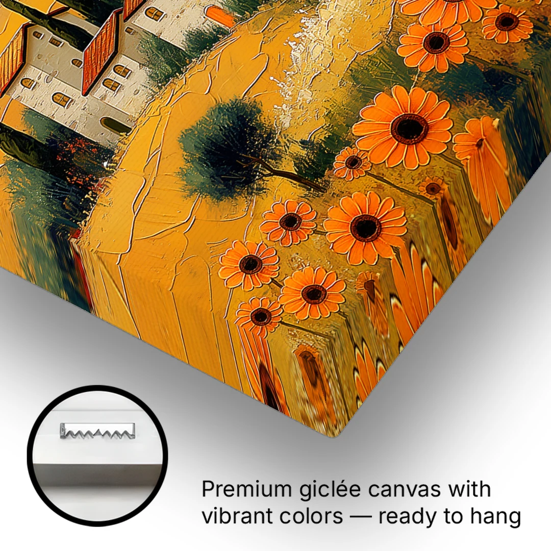 Sunflower Painting of a Tuscan Hill Town - Canvas Wall Art - Gallery Wrap Corner