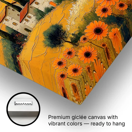 Sunflower Painting of a Tuscan Hill Town - Canvas Wall Art - Gallery Wrap Corner