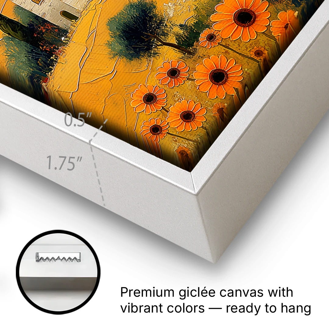 Sunflower Painting of a Tuscan Hill Town - White Framed Canvas Wall Art - Gallery Wrap Corner