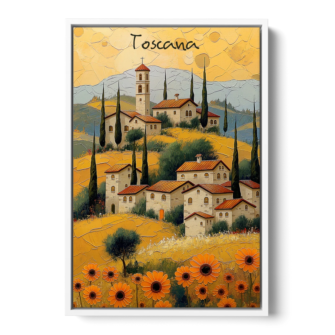 Sunflower Painting of a Tuscan Hill Town - White Framed Canvas Wall Art - Front