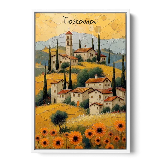 Sunflower Painting of a Tuscan Hill Town - White Framed Canvas Wall Art - Front