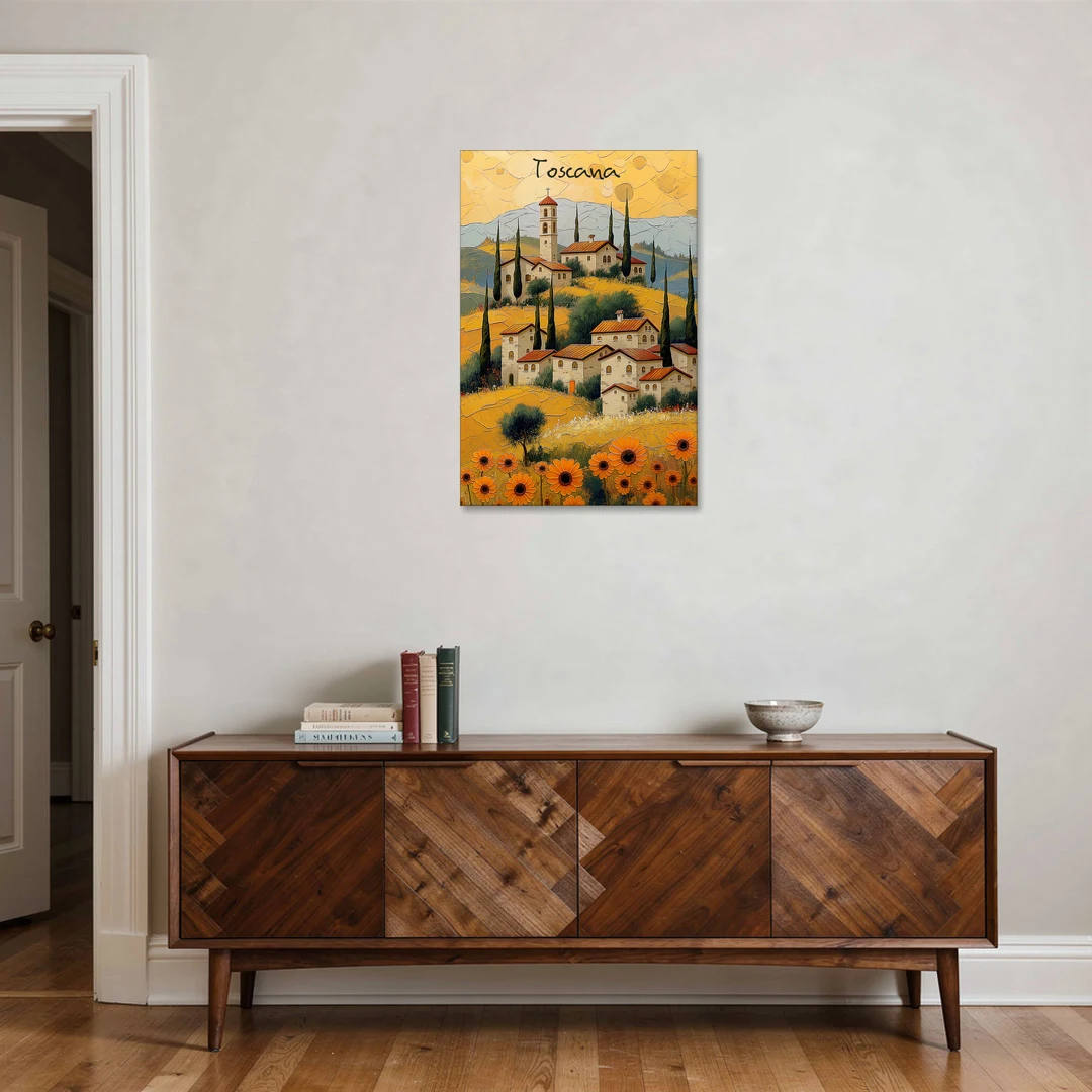 Sunflower Painting of a Tuscan Hill Town - Canvas Wall Art - Coffee Table - 24x36