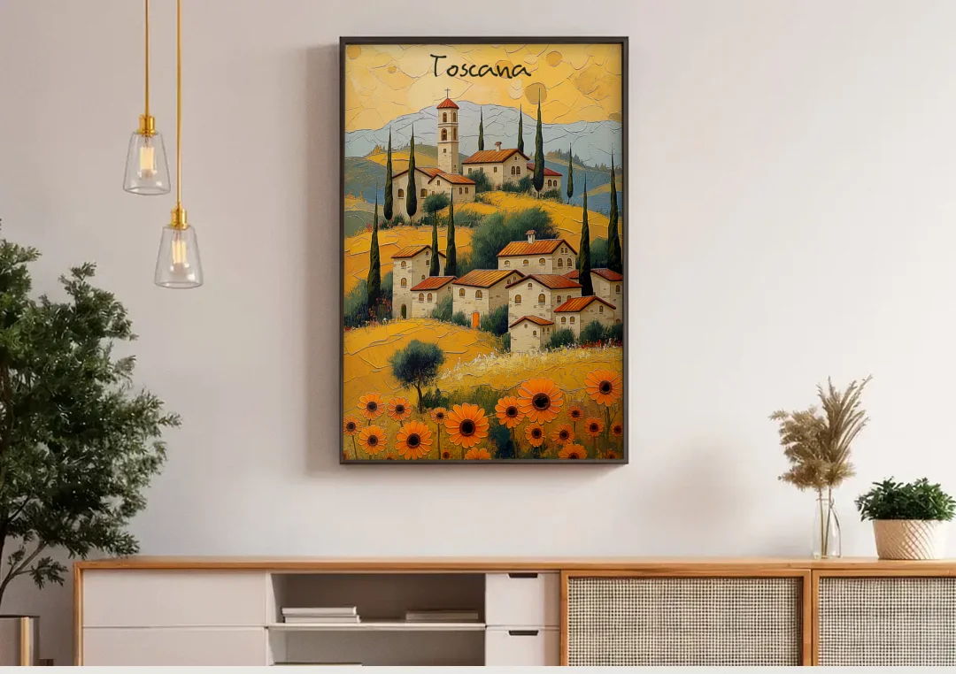Sunflower Painting of a Tuscan Hill Town canvas wall art above a wooden sideboard under pendant lights