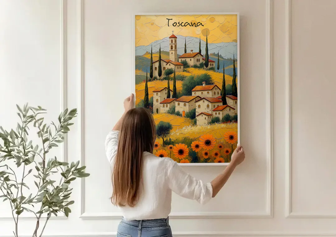 Sunflower Painting of a Tuscan Hill Town canvas wall art being hung on a paneled wall