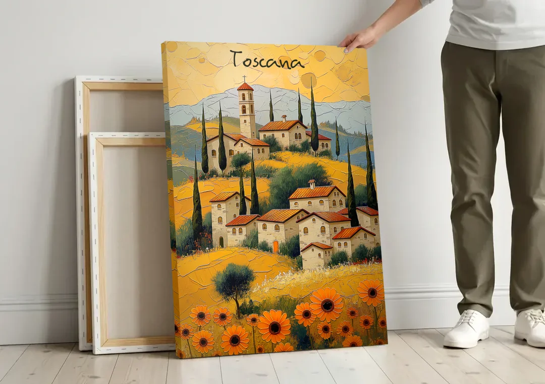 Sunflower Painting of a Tuscan Hill Town canvas wall art leaning against a wall next to blank canvases
