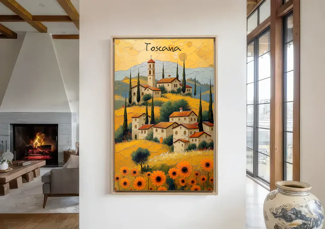 Sunflower Painting of a Tuscan Hill Town canvas wall art in a living room with a fireplace