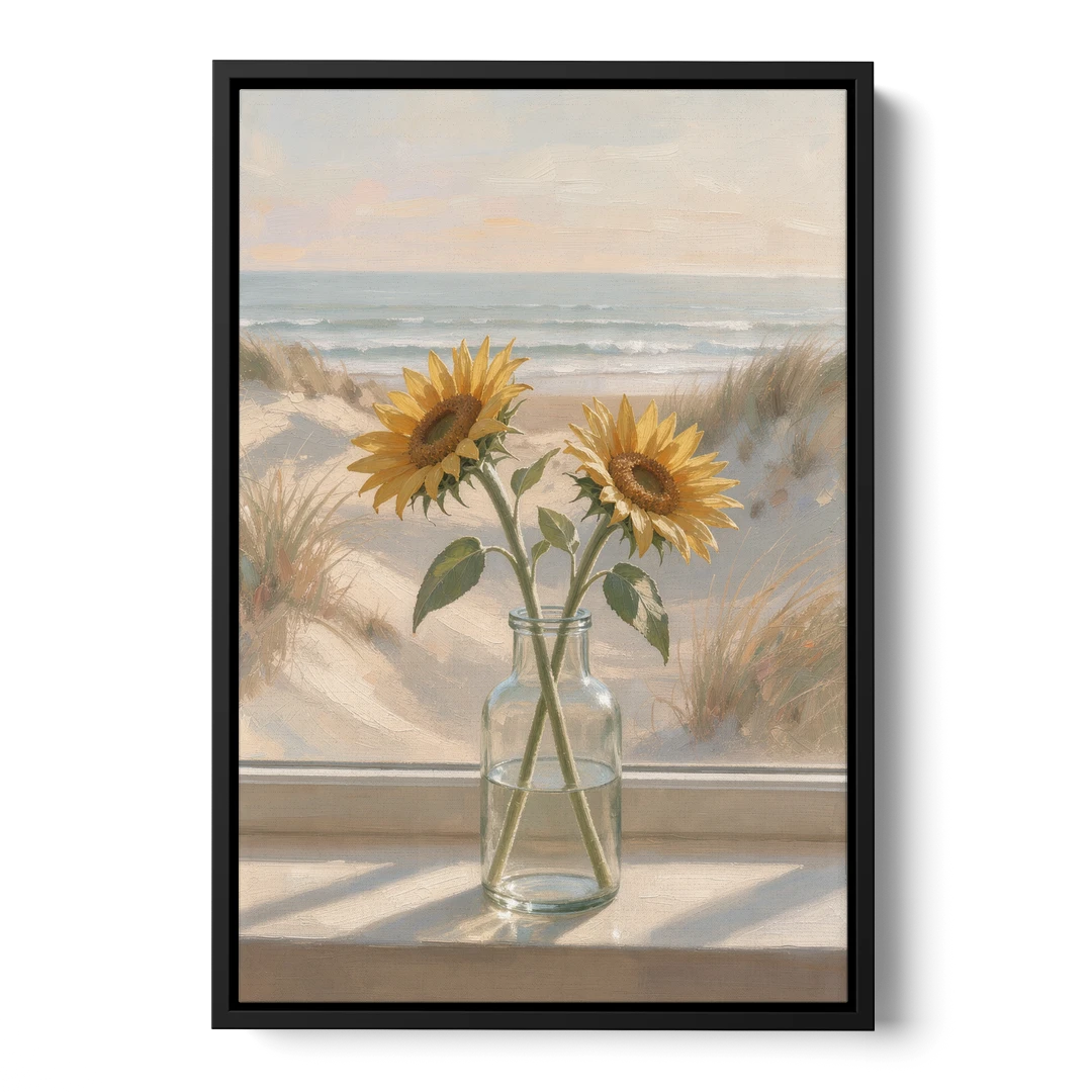 Sunflower Pair in Glass by the Dunes for the Bathroom - Black Framed Canvas Wall Art - Front